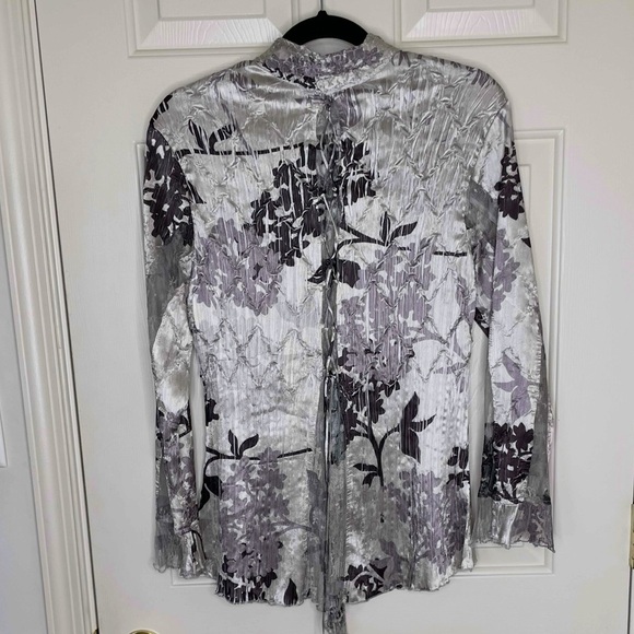 Vintage Komarov Silver Floral Crinkle Blouse Sheer Bell Sleeve Lace-Up Top | S - Picture 6 of 12